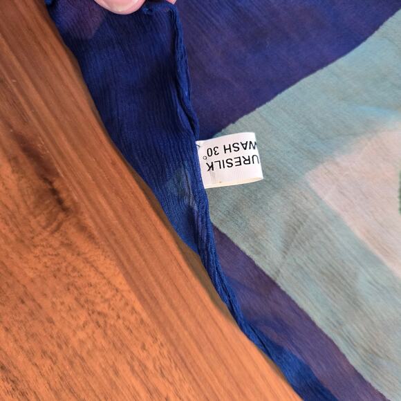 Silk Square Scarf Bordered Blue Pink Geometric 25 x 25 wearable art abstract - Picture 3 of 5